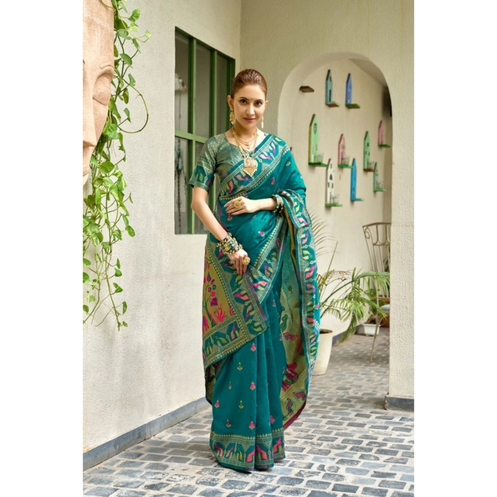 Generic Women's Silk Blend Woven Saree With Unstitched Blouse 5.5 Mtr (Teal)