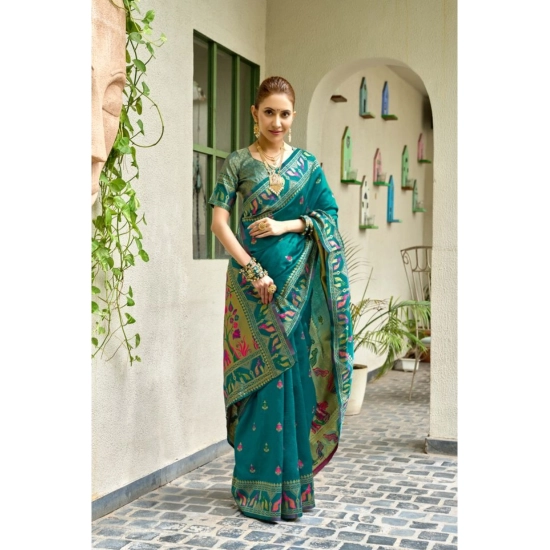 Generic Women's Silk Blend Woven Saree With Unstitched Blouse 5.5 Mtr (Teal)