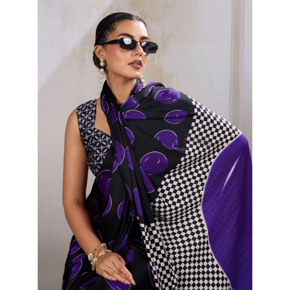 Generic Women's Satin Crepe Printed Saree With Unstitched Blouse 5.5Mtr (Purple) Generic Women's Satin Crepe Printed Saree With Unstitched Blouse 5.5Mtr (Purple)