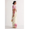 Generic Women's Linen Printed Saree With Unstitched Blouse 5.5Mtr (White)