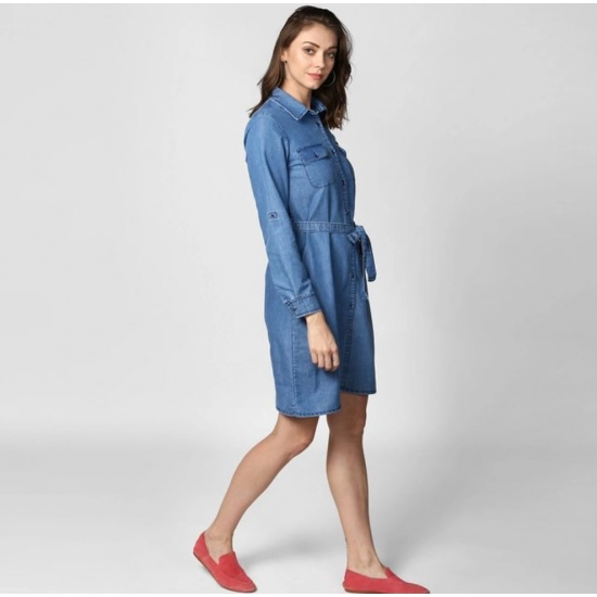 Generic Women's Denim Solid Roll Up Sleeve Dress (Blue)