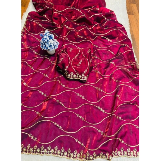 Generic Women's Slik Embellished Saree With Unstitched Blouse 5.5Mtr (Wine)