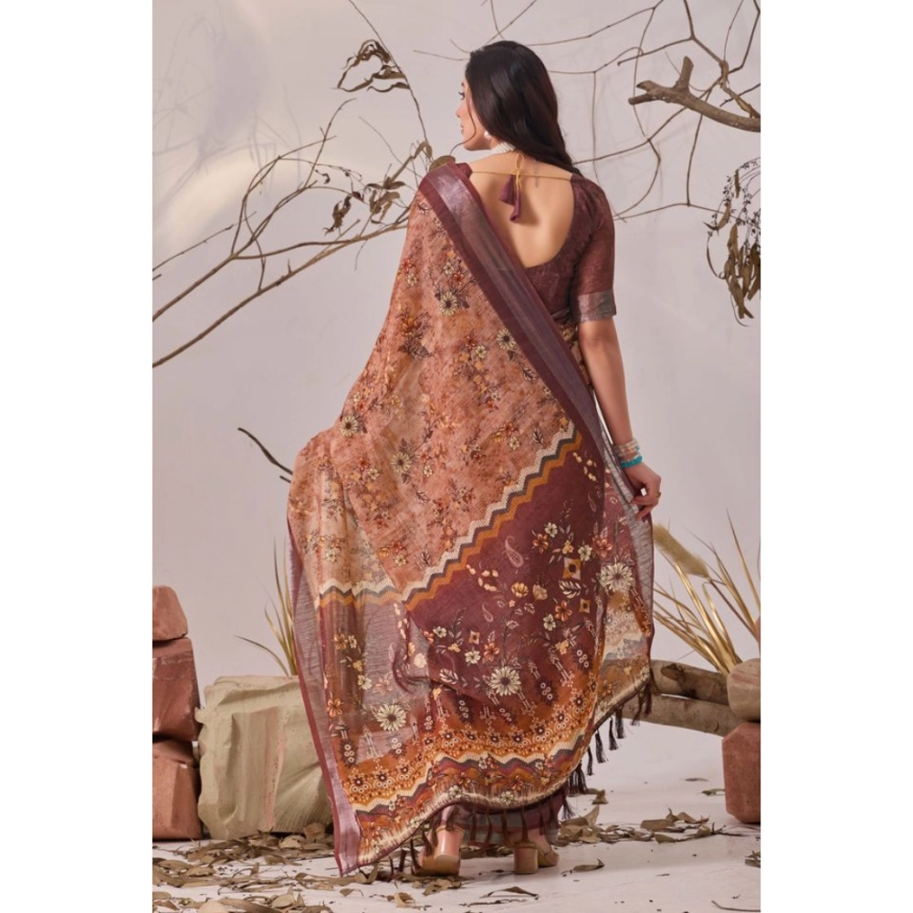 Generic Women's Faux_Linen Printed Saree With Unstitched Blouse 5.5Mtr (Bronze)