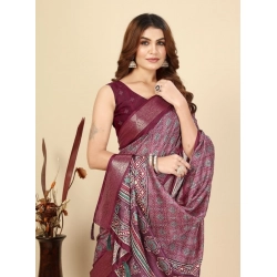 Generic Women's Cotton Blend Printed Saree With Unstitched Blouse 5.5Mtr (Wine)