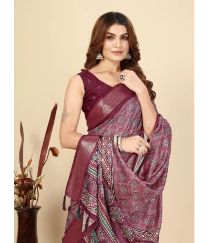 Generic Women's Cotton Blend Printed Saree With Unstitched Blouse 5.5Mtr (Wine)