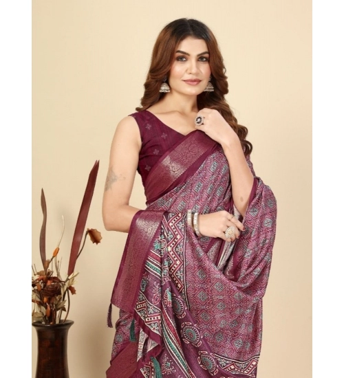Generic Women's Cotton Blend Printed Saree With Unstitched Blouse 5.5Mtr (Wine)
