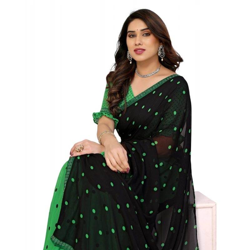 Women's Georgette Printed Saree With Unstitched Blouse 5.5Mtr (Black-Green) Women's Georgette Printed Saree With Unstitched Blouse 5.5Mtr (Black-Green)