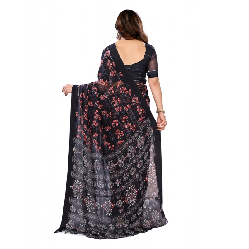 Women's Georgette Printed Saree With Unstitched Blouse 5.5Mtr (Navy Blue)