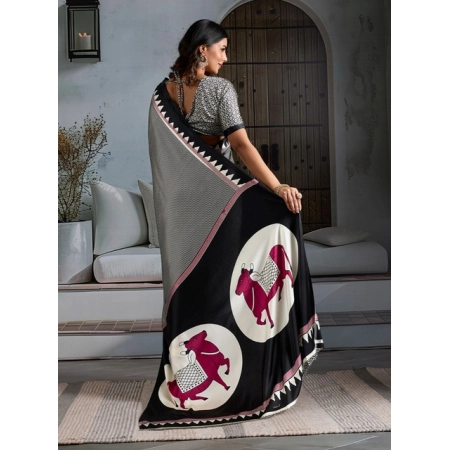 Women's Satin Crepe Printed Saree With Unstitched Blouse 5.5Mtr (Black)