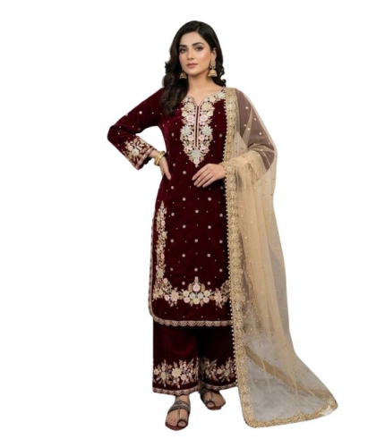 Generic Women's Silk Embroidered 3/4th Sleeve Round Kurti With Palazzo Pant and Dupatta Set (Maroon)