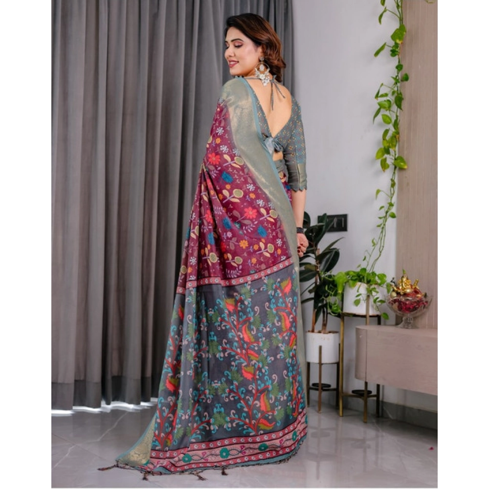Generic Women's Linen Printed Saree With Unstitched Blouse 5.5Mtr (Purple) Generic Women's Linen Printed Saree With Unstitched Blouse 5.5Mtr (Purple)