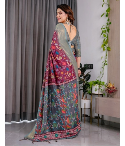 Generic Women's Linen  Printed Saree With Unstitched Blouse 5.5Mtr (Purple)