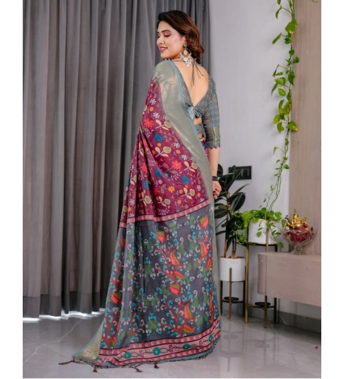 Generic Women's Linen Printed Saree With Unstitched Blouse 5.5Mtr (Purple) Generic Women's Linen Printed Saree With Unstitched Blouse 5.5Mtr (Purple)