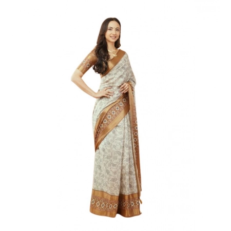 Generic Women's Polyester Printed Saree With Unstitched Blouse 5.5 Mtr (Off-White)