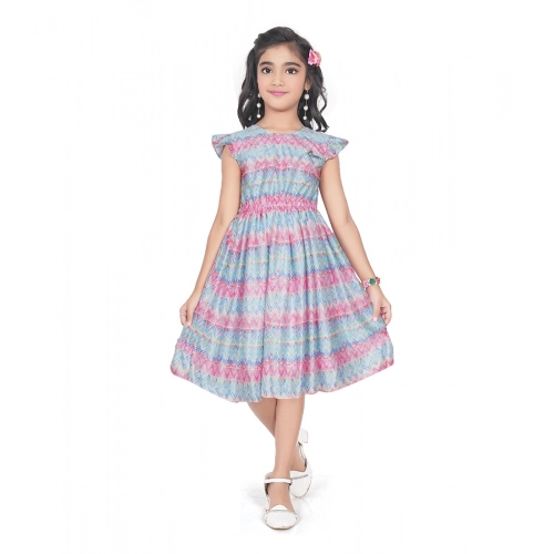 Generic Girl's Lycra Printed Sleeve Less Round Neck Dress (Multicolor)