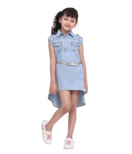 Generic Girl's Denim Hi Lo Short Sleeve Dress with Belt (Blue)