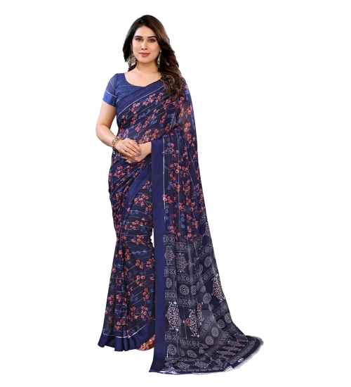 Generic Women's Georgette Printed Saree With Unstitched Blouse 5.5Mtr (Blue)