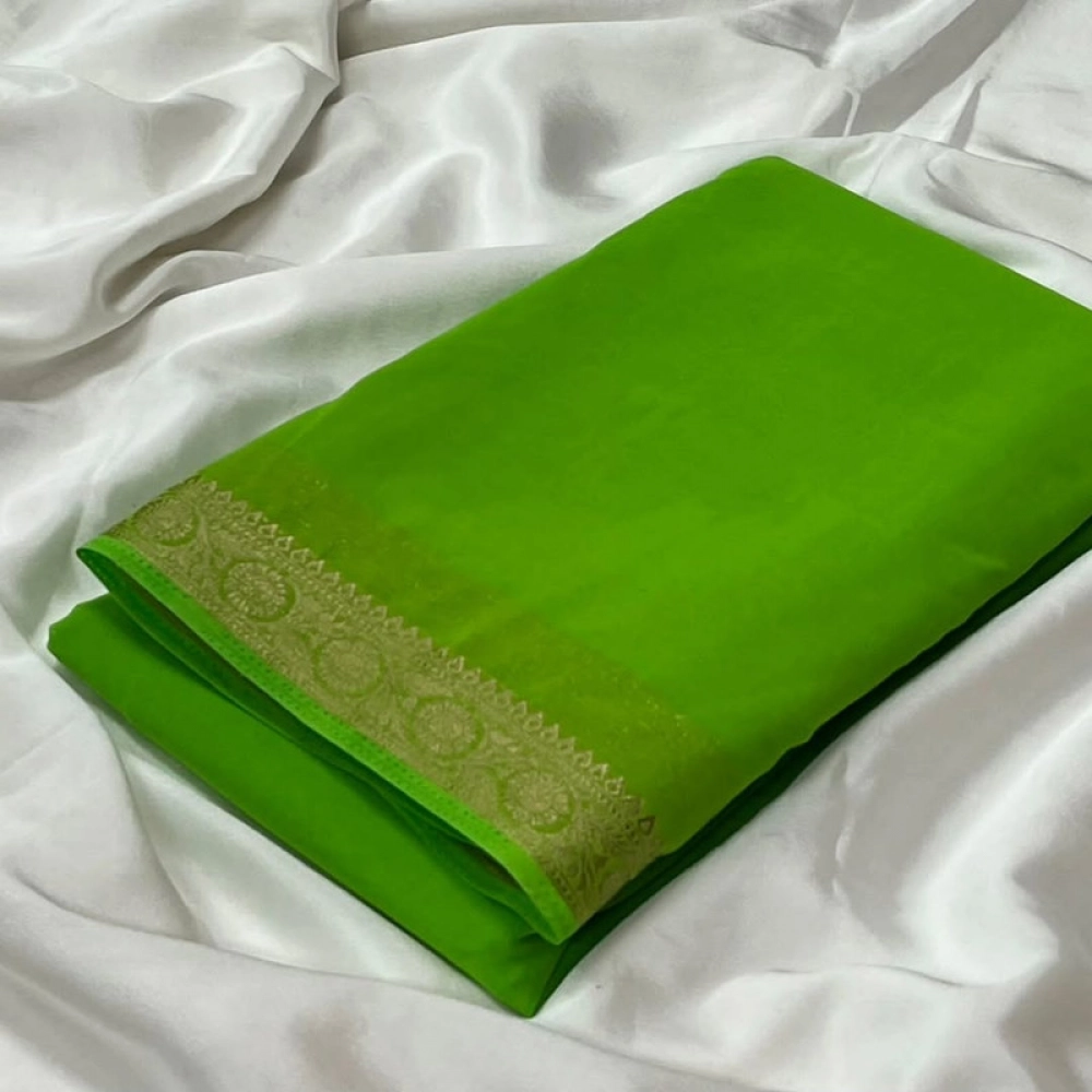 Generic Women's Crepe Chit Pallu Solid Saree With Unstitched Blouse 5.5Mtr (Parrot Green) Generic Women's Crepe Chit Pallu Solid Saree With Unstitched Blouse 5.5Mtr (Parrot Green)