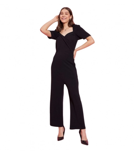 Generic Women's Polyester Lycra Solid Puff Sleeve Jumpsuit (Black)