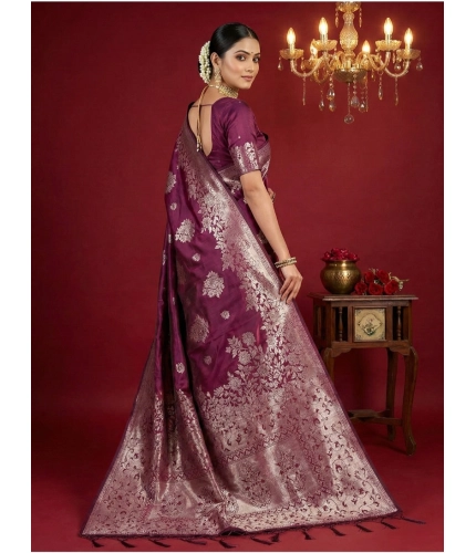 Generic Women's Silk Blend Printed Saree With Unstitched Blouse 5.5Mtr (Purple)