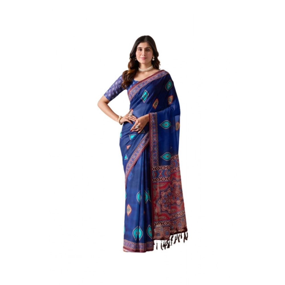 Generic Women's Georgette Printed Saree With Unstitched Blouse 5.5Mtr (Blue)