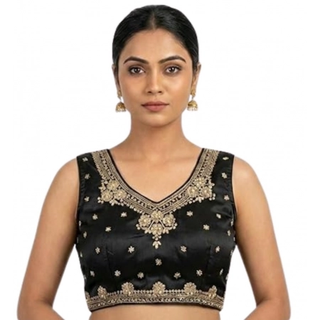 Generic Women's Silk Embroidered V-Neck Sleeveless Readymade Padded Blouse (Black, Size 38) Generic Women's Silk Embroidered V-Neck Sleeveless Readymade Padded Blouse (Black, Size 38)