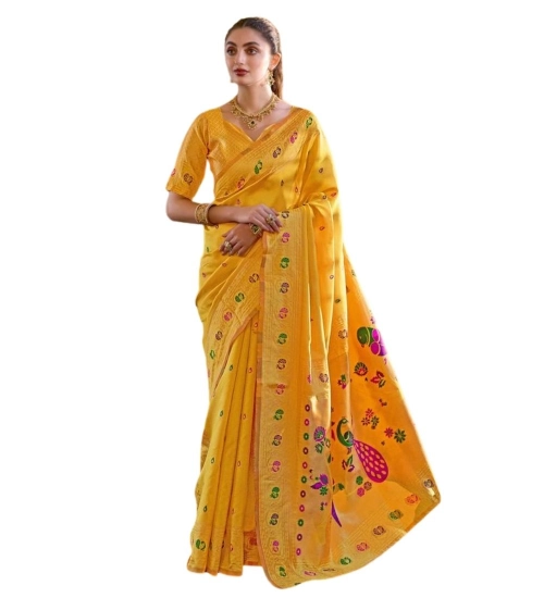 Generic Women's Silk Blend Paithani Weaving Saree With Unstitched Blouse 5.5Mtr (Mustard)