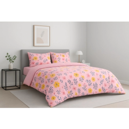 Generic Microfiber Floral Printed Double Bedsheet with 2 Pillow Covers (Pink)