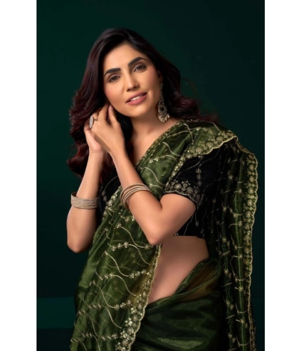 Generic Women's Net Sequence Saree With Unstitched Blouse 5.5Mtr (Light Green)