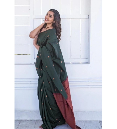 Generic Women's Litchi silk Printed Saree With Unstitched Blouse (Dark Green)