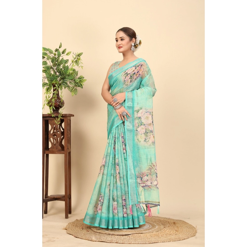 Generic Women's Cotton Silk Floral Printed Saree With Unstitched Blouse 5.5Mtr (Multicolor)