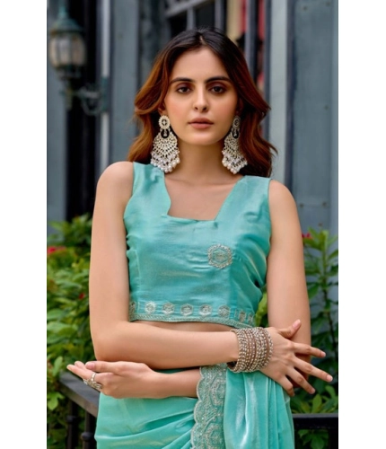Generic Women's Faux Shimmer Geometric Ready to wear Saree With Unstitched Blouse 5.5Mtr (Light_AquaBlue)