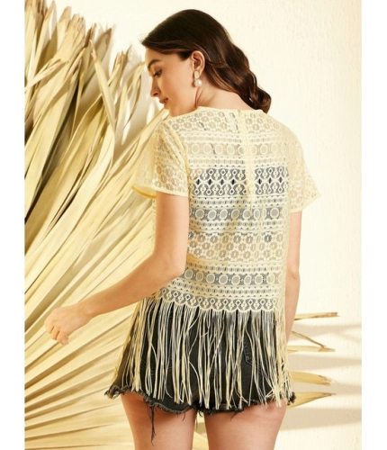 Generic Women's Polyester Lace Self Design Short Sleeve Top (Yellow)