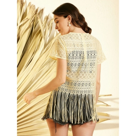 Generic Women's Polyester Lace Self Design Short Sleeve Top (Yellow) Generic Women's Polyester Lace Self Design Short Sleeve Top (Yellow)