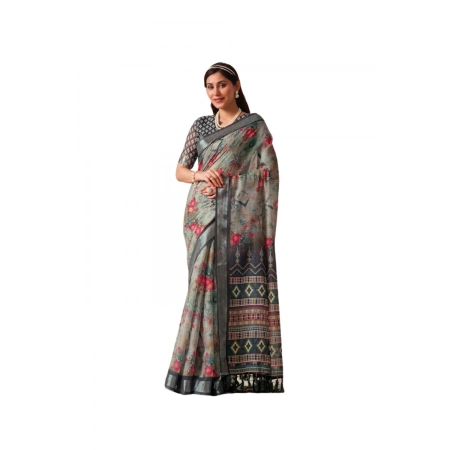 Generic Women's Faux_Linen Printed Saree With Unstitched Blouse 5.5Mtr (Light_Grey)