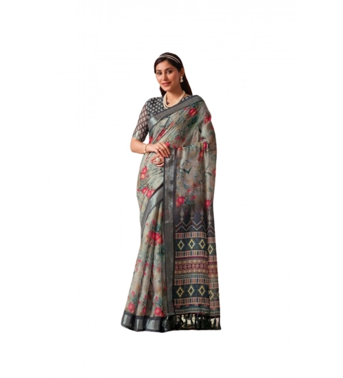 Generic Women's Faux_Linen Printed Saree With Unstitched Blouse 5.5Mtr (Light_Grey)
