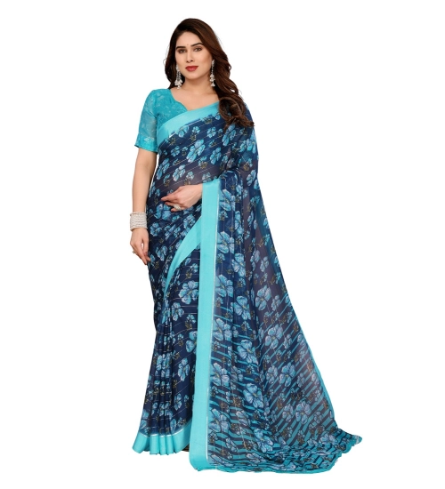 Generic Women's Georgette Printed Saree With Unstitched Blouse 5.5Mtr (Sky Blue)