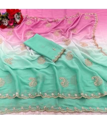 Generic Women's Digital Printed  Geogette Saree With Unstitched Blouse (Light Green, 5-6 Mtrs)