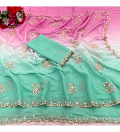 Generic Women's Digital Printed  Geogette Saree With Unstitched Blouse (Light Green, 5-6 Mtrs)