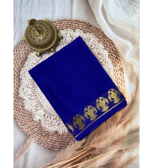 Generic Women's Crepe Chit Pallu Solid Saree With Unstitched Blouse 5.5Mtr (Navy Blue)