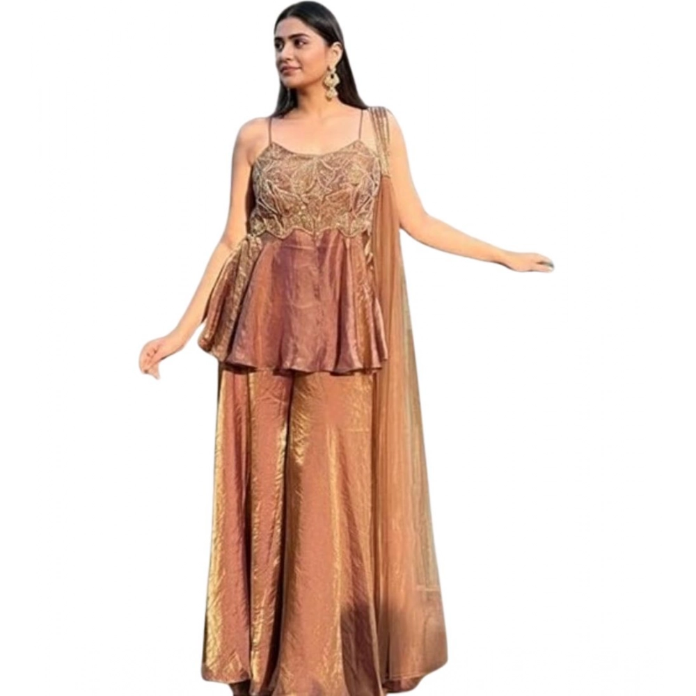 Generic Women's Silk Embroidered Sleeveless Round Kurti With Palazzo Pant and Dupatta Set (Brown) Generic Women's Silk Embroidered Sleeveless Round Kurti With Palazzo Pant and Dupatta Set (Brown)