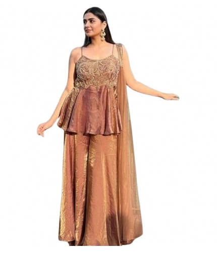 Generic Women's Silk Embroidered Sleeveless Round Kurti With Palazzo Pant and Dupatta Set (Brown)