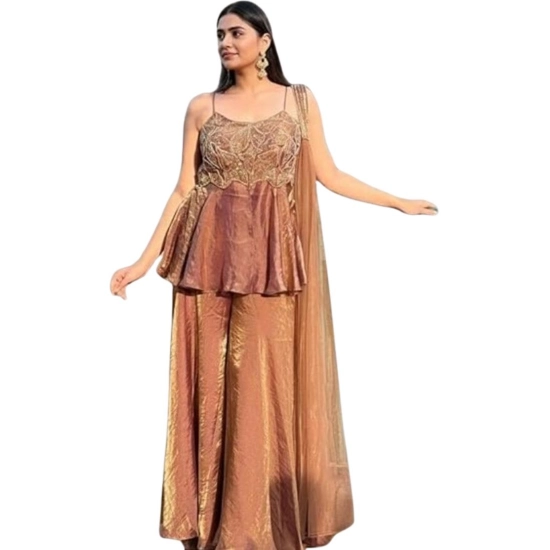 Generic Women's Silk Embroidered Sleeveless Round Kurti With Palazzo Pant and Dupatta Set (Brown) Generic Women's Silk Embroidered Sleeveless Round Kurti With Palazzo Pant and Dupatta Set (Brown)