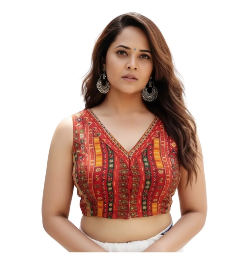 Generic Women's Cambric Cotton V Neck Padded Blouse (Red, 38 Ready Size (Self-Alterable 36–40)