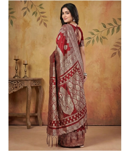 Generic Women's Silk Blend Printed Saree With Unstitched Blouse 5.5Mtr (Maroon)