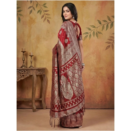 Generic Women's Silk Blend Printed Saree With Unstitched Blouse 5.5Mtr (Maroon)