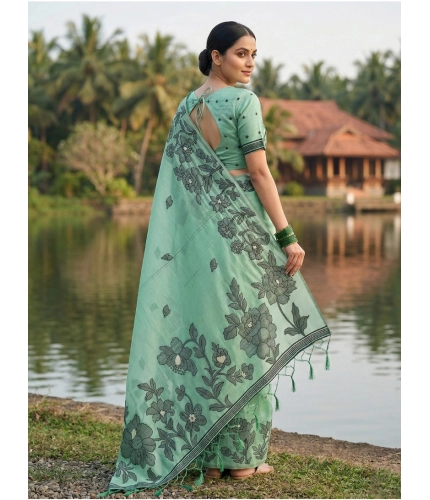 Generic Women's Linen Cotton Printed Saree With Unstitched Blouse 5.5Mtr (Rama Green)