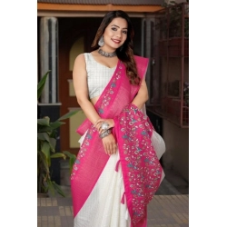 Generic Women's Cotton Silk Printed Saree With Unstitched Blouse 5.5Mtr (White-Pink)