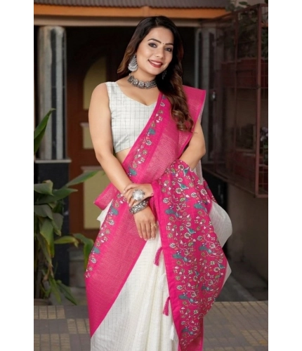 Generic Women's Cotton Silk Printed Saree With Unstitched Blouse 5.5Mtr (White-Pink)