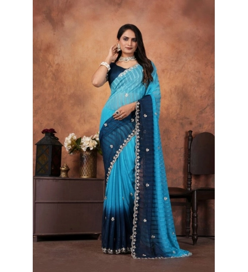 Generic Women's Chiffon Embroidred Saree With Unstitched Blouse 5.5Mtr (Light Blue)